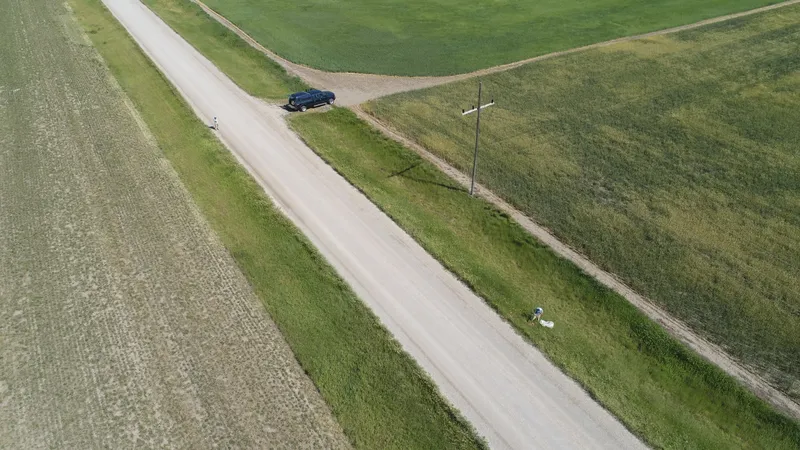 Aerial view of wheat fields with smooth brome strips along a road